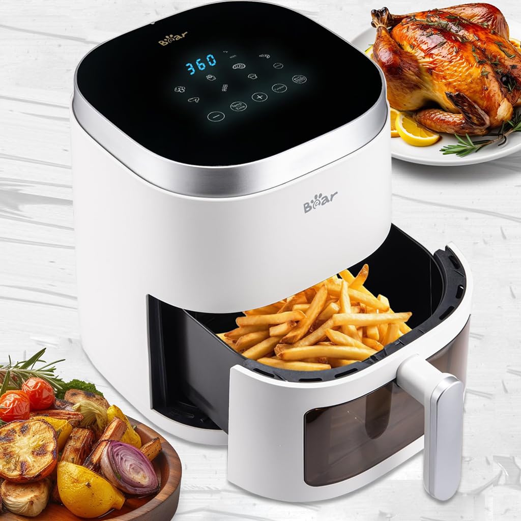Bear Air Fryer for Home with Toaster Grill 5L 1500W with Transparent Cooking Window 90% Less Fat Cooker with 8 Presets Menus for India Cooking, Touch Control Temp & Timer with Nonstick Tray Bear Air Fryer for Home with Toaster Grill 5L 1500W with Transparent Cooking Window 90% Less Fat Cooker with 8 Presets Menus for India Cooking, Touch Control Temp & Timer with Nonstick Tray